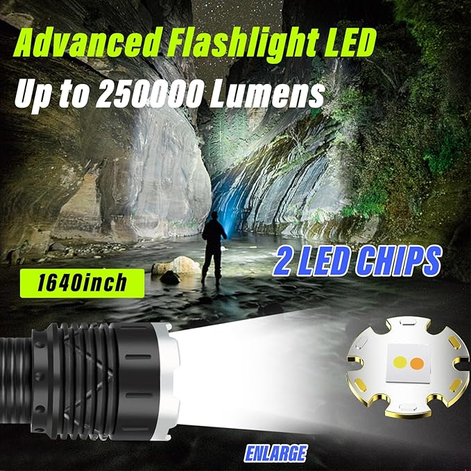 Rechargeable Flashlights High Lumens，LED Flashlights，High Powered 250,000 Lumens Super Bright Tactical ，2LED Bulb,Brightest Flashlight，Handheld Flash Light for Emergencies, Camping, Hiking