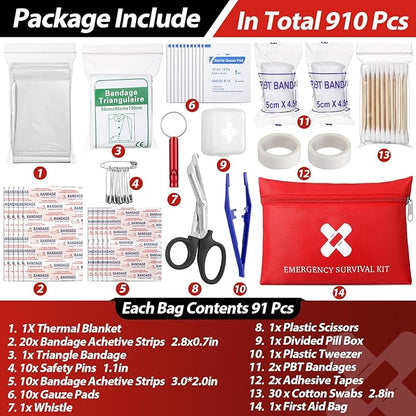 Geiserailie 10 Bags Small First Aid Kit Mini Travel Size Emergency Kit Bulk Self Care Package Supplies for Homeless Travel Sports Hiking Outdoor Backpack Essentials,10 Individual Bags of 91 Items Each