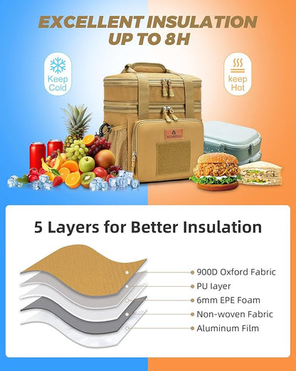 Expandable XLarge Tactical Lunch Box for Adults, Waterproof Insulated Lunch Bag with Lots of Storage Space, Durable Cooler Bag for Men Women Work Outdoor Picnic Trips, 22L(Brown), HSHRISH
