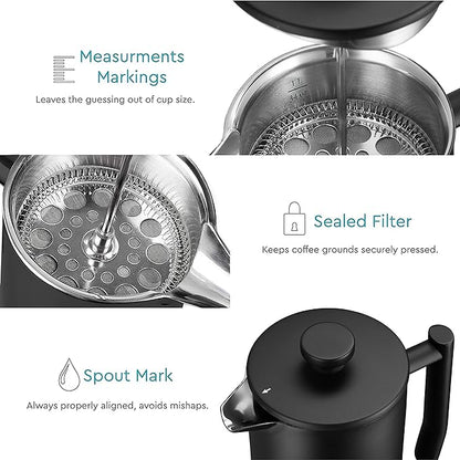 French Press Coffee Maker 34 Oz - Insulated Coffee Press Stainless Steel 304 - Double Wall & 4 Level Filtration System (1 Liter) - Black