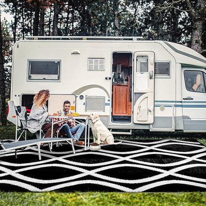 wikiwiki Outdoor Rug, 8x10ft Waterproof Reversible Mat Indoor Outdoor Rugs Carpet, Small Area Rug Plastic Straw Rug for Patio Deck Balcony Pool RV Camping Beach Picnic, Black & White, Rugscape Series