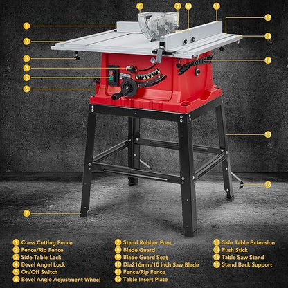 10inch Table Saw, Portable Benchtop Table Saw, Stand & Push Stick, 5000RPM, Adjustable Blade Height, With Port for Connecting Dust Collector, 90°Cross Cut & 0-45°Bevel Cut
