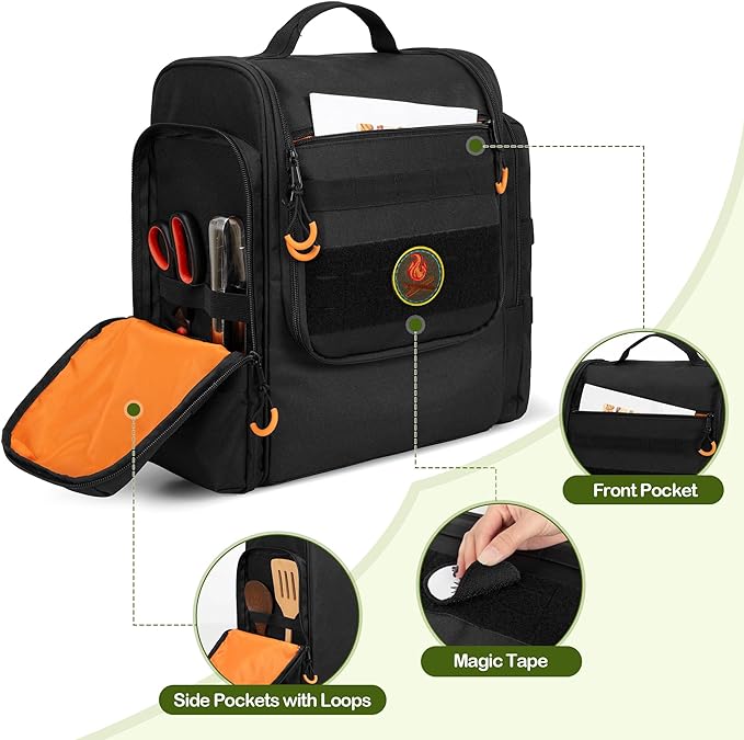 Large Tactical Camping Kitchen Organizer, Hanging Cookware Storage Bag with Paper Towel Holder & Multi Pockets, Portable Camp Utensil Organizer for Outdoor BBQ Cooking Essentials, Bag Only