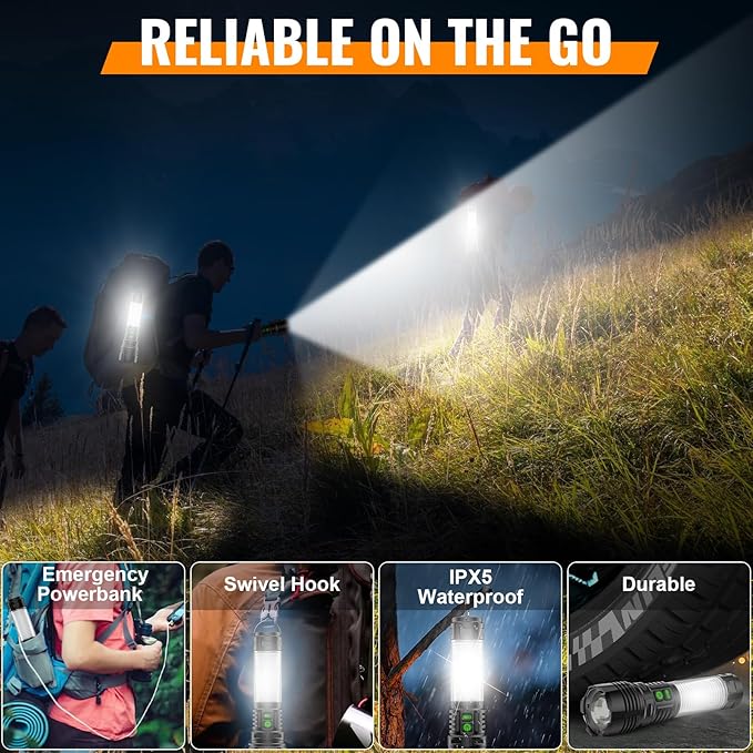 Flashlights 100000 High Lumens Rechargeable - 360° COB Lantern Camping Flashlight 2000 Meters Long Beam Super Bright LED Flash Light, Waterproof, 20H Runtime,5 Modes,Zoomable Handheld Flashlight