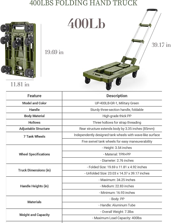 5 Gallon Water Jug and 400 LB Multifunctional Folding Hand Cart,Green Hand Truck,BPA Free Thickened Water Tank,Portable Luggage Cart with 7 Tank Wheels and 2 Bungee Cords,Essential for Camping Hiking