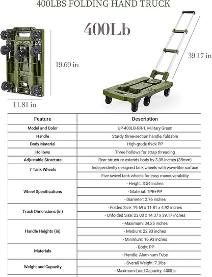 5 Gallon Water Jug and 400 LB Multifunctional Folding Hand Cart,Green Hand Truck,BPA Free Thickened Water Tank,Portable Luggage Cart with 7 Tank Wheels and 2 Bungee Cords,Essential for Camping Hiking