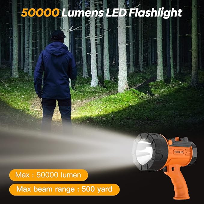YIERBLUE Rechargeable Spotlight, Waterproof Handheld Flashlight, 200000 Lumens LED, 10000mAh Battery, IP67 Waterproof, 3 Adaptable Settings, 18W USB-C Port