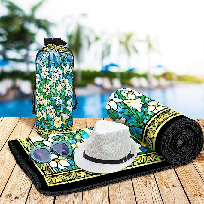 Large Oversized Microfiber Beach Towel - 40x63 Inches, Sand-Free, Quick-Drying, Ultra-Soft, Ideal for Travel, Pool, and Yoga - Includes Matching Drawstring Travel Pouch, Tiffany Field of Lilies