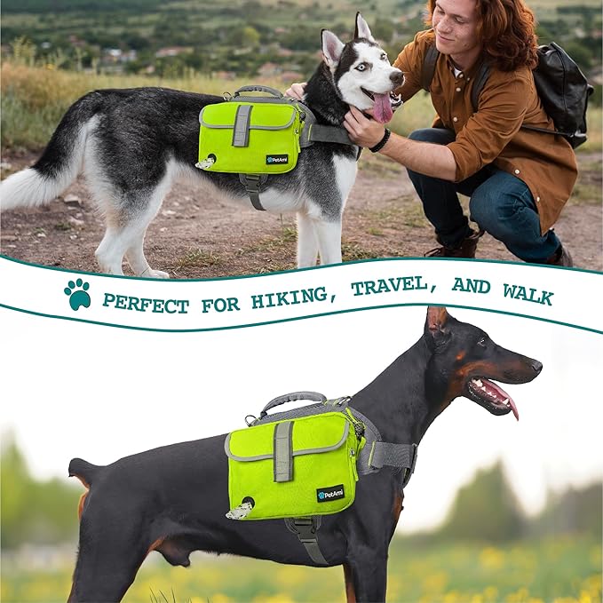 PetAmi Dog Backpack for Medium Large Dogs, Dog Saddle Bag for Dogs to Wear, Harness Saddlebag with Reflective Safety Side Pockets for Hiking, Camping, Vest Dog Pack for Travel (Green, Large)
