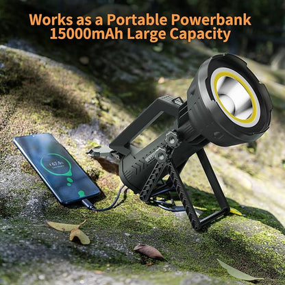 BUYSIGHT Rechargeable Flashlight 1000,000 Lumens COB Led Spotlight Floodlight IP67 Waterproof 15000mAh Long Lasting Long Distance Handheld Spotlight Impact Resistant with Foldable Stand and Red Lens