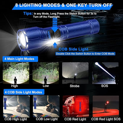 Rechargeable Magnetic Flashlights 100,000 High Lumens, Super Bright LED Powerful Flashlight 8 Modes with COB Work Light, Waterproof Handheld Flash Light for Camping (2 Pack with Paper Box, Blue)