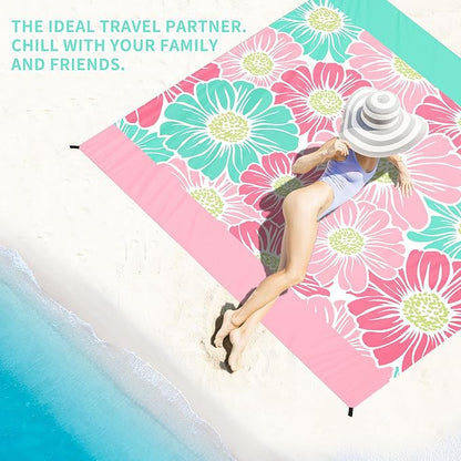 BYDOLL Beach Blanket Sandproof Waterproof Flower 78''×81''1-4 Adults Compact Lightweight Oversized Beach Blanket Large Picnic Mat Beach Blanket for Travel Camping Hiking Picnic