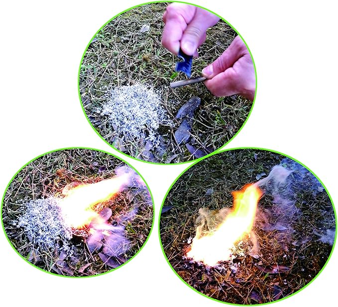 Emergency Fire Starter Magnesium 6 Bags Wax Infused Jute Rope Ferro Rod Striker Saw Wire for Camping Hiking Bushcraft Hurricane + Tin Container