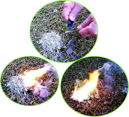 Emergency Fire Starter Magnesium 6 Bags Wax Infused Jute Rope Ferro Rod Striker Saw Wire for Camping Hiking Bushcraft Hurricane + Tin Container