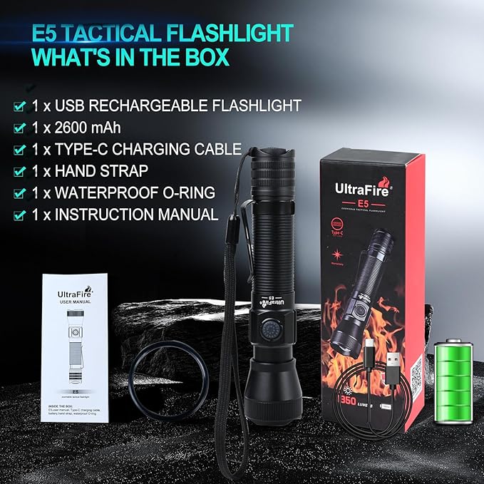 ULTRAFIRE E5 Tactical Flashlight Zoomable Rechargeable 1350 High Lumens Law Enforcement EDC Flashlight,6 Modes Dual Switches Small LED Torch for Patrolilng,Emergency