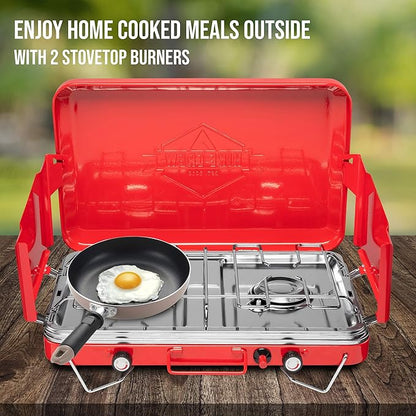 Hike Crew Gas Camping Stove | 20,000 BTU Portable Propane 2 Burner Stovetop | Integrated Igniter & Stainless Steel Drip Tray | Built-in Carrying Handle, Foldable Legs, Wind Panels | Includes Regulator