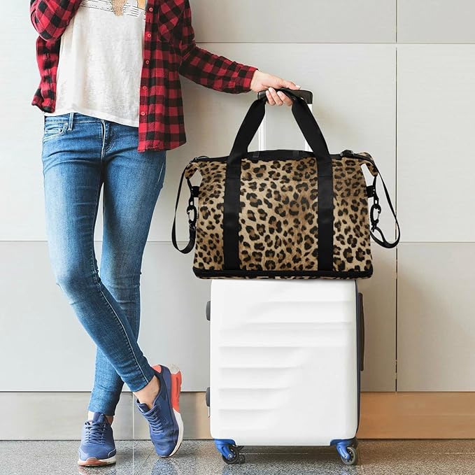 Leopard Weekender Bag for Women, Speckled Gym Sports Duffle Travel Tote With Toiletry Compartment, Shoes Storage, Dry/Wet Separation for Swimming