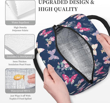 Lunch Bag Lunch Box for Women Men Boys Girls, Reusable Insulated Lunch Tote Bag, Leakproof Thermal Cooler Sack Food Handbags High Capacity for Work School Picnic Camping Gifts (Butterfly)