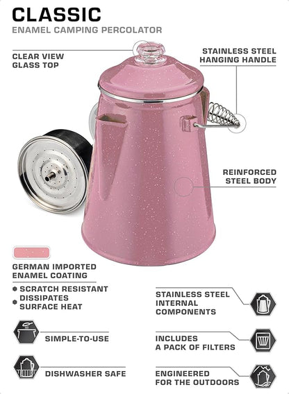 COLETTI Classic Percolator Coffee Pot — Camping Coffee Makers, Coffee Percolator – The Original Camping Coffee Pot, Now Modernized – For Campsite Brewmasters Everywhere [Pink Enamel, 12 Cup]