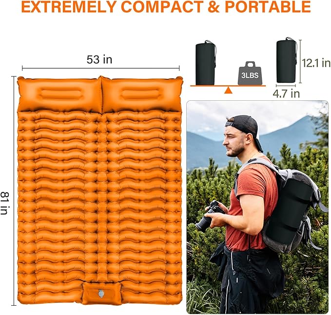 Double Camping Sleeping Pad, Self Inflatable 4'' Extra-Thick 2 Person Pillow Built-in Foot Pump Ultralight Sleeping Mat for Backpacking Tent, Hiking, Traveling-Orange