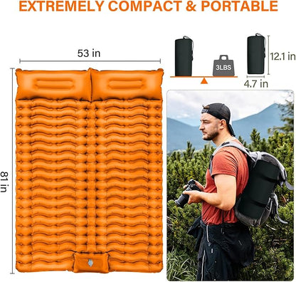 Double Camping Sleeping Pad, Self Inflatable 4'' Extra-Thick 2 Person Pillow Built-in Foot Pump Ultralight Sleeping Mat for Backpacking Tent, Hiking, Traveling-Orange