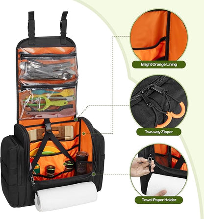 Large Tactical Camping Kitchen Organizer, Hanging Cookware Storage Bag with Paper Towel Holder & Multi Pockets, Portable Camp Utensil Organizer for Outdoor BBQ Cooking Essentials, Bag Only
