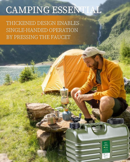 3 Gallon Water Jug, Thickened BPA Free Outdoor Camping Green Water Container Storage, Press Faucet Design Portable Water Tank, Emergency Overlanding Gear for Picnicking