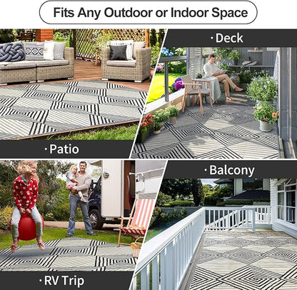 Waterproof Outdoor Rug 5x8ft, Foldable Reversible Plastic Straw Mat for Patio RV Deck Porch Backyard Balcony Camping Picnic Beach Indoor Outdoor Carpet, Black&Beige