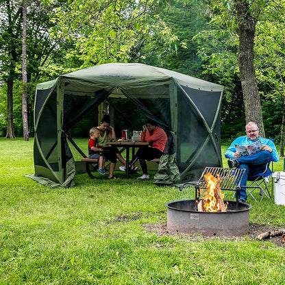 CLAM Quick-Set Escape 11.5 x 11.5 Ft Portable Pop-Up Outdoor Camping Screen Tent 6-Sided Canopy Shelter w/Carry Bag & 6 Sun and Wind Panels, Green