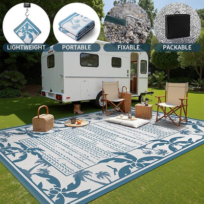 COCOER Outdoor-Rug 8x10 ft Waterproof Reversible Outdoor Plastic Straw Rug RV Indoor Outdoor Carpet Quick Dry Patio Rug Camping Mat for Balcony Backyard Picnic Beach-Blue&White