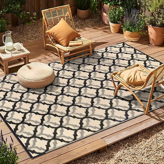 OLANLY Reversible Outdoor Rug 9x12 ft Clearance, Waterproof Outdoor Plastic Straw Rug with Interlacing Pattern, RV Mat for Patio, Camping, Balcony, Deck, Backyard, Black & Beige