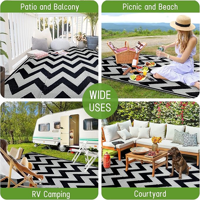 Easy-Going Reversible Outdoor Rugs 5x8ft Waterproof Plastic Straw Rug Stain & UV Resistant Floor Mat for Patio Porch RV Backyard Pool Deck Picnic Beach Trailer Camping (Waved Black & Light Grey)