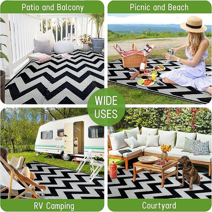 Easy-Going Reversible Outdoor Rugs 5x8ft Waterproof Plastic Straw Rug Stain & UV Resistant Floor Mat for Patio Porch RV Backyard Pool Deck Picnic Beach Trailer Camping (Waved Black & Light Grey)