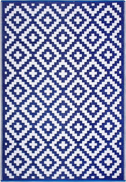 FH Home Outdoor Rug - Waterproof, Fade Resistant, Reversible - Premium Recycled Plastic - Geometric - Patio, Porch, Deck, Balcony - Aztec - Blue & White Crease Free - 5 x 8 ft