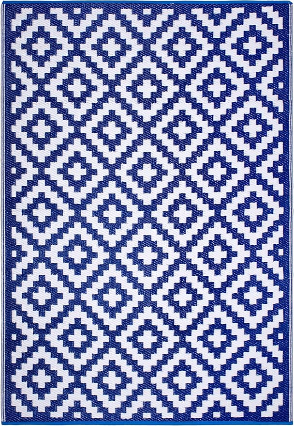 FH Home Outdoor Rug - Waterproof, Fade Resistant, Reversible - Premium Recycled Plastic - Geometric - Porch, Deck, Balcony, Mudroom, Laundry Room, Patio - Aztec - Blue & White Crease Free - 3 x 5 ft