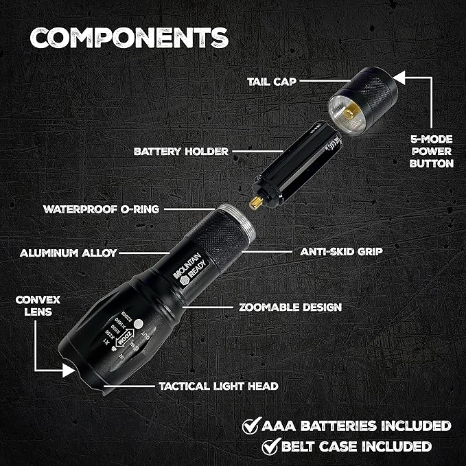 LED Flashlight – Bright, Zoomable, High Lumen 5-Mode Tactical Flashlight – AAA Batteries & Case Included. Perfect for Emergencies, Outdoors, Camping, EDC or a Gift.