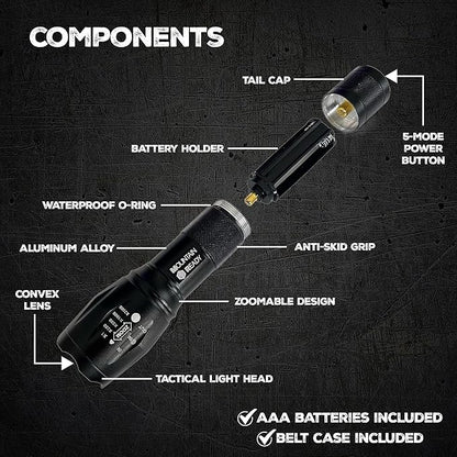 LED Flashlight – Bright, Zoomable, High Lumen 5-Mode Tactical Flashlight – AAA Batteries & Case Included. Perfect for Emergencies, Outdoors, Camping, EDC or a Gift.