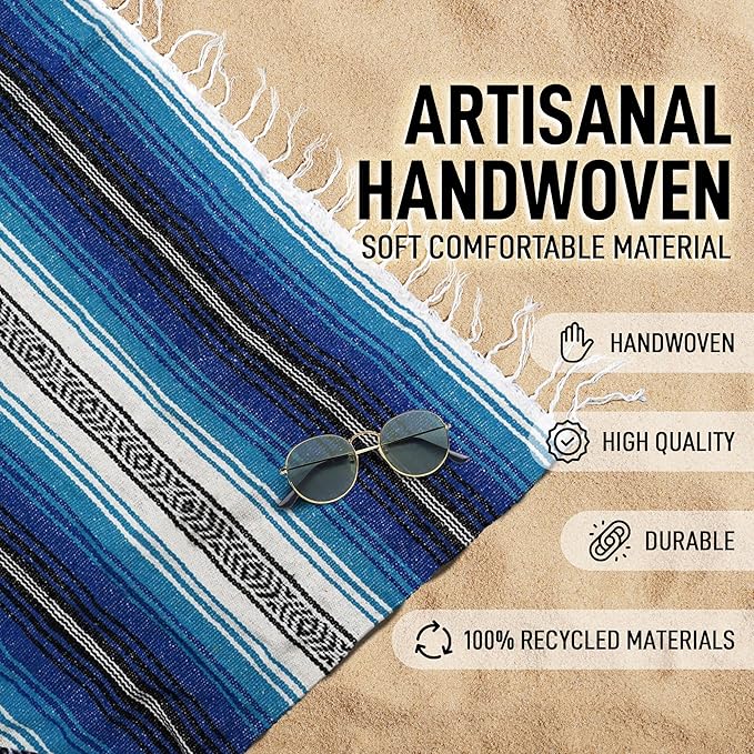 Authentic Extra Large Mexican Blanket (70"x50") - Handwoven Yoga Blanket, Serape Blanket - Artisanal Falsa Blanket, Beach Blanket, Camping Blanket, Picnic Blanket, Outdoor Blanket (King Turquoise)