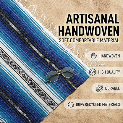 Authentic Extra Large Mexican Blanket (70"x50") - Handwoven Yoga Blanket, Serape Blanket - Artisanal Falsa Blanket, Beach Blanket, Camping Blanket, Picnic Blanket, Outdoor Blanket (King Turquoise)