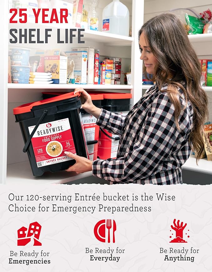 READYWISE - Emergency Food Supply Bucket, 120 Servings, MRE Meal Food Supply, Premade, Freeze Dried Survival Food for Hiking, Adventure & Camping Essentials, Individually Packaged, 25 Year Shelf Life