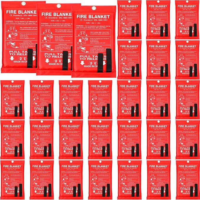 Macarrie 30 Pack 39” x 39” Fire Blanket Emergency Fire Blanket for Home and Kitchen Suppression Blanket Safety Fiberglass Fireproof Blanket Survival for Fireplace Car Office Camping (Red)