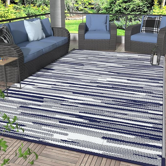 GENIMO Outdoor Rug for Patio Clearance, 5'x8' Waterproof Camping Mat, Reversible Plastic Straw Rugs for RV, Camper, Balcony, Backyard, Picnic, Deck (Blue White)