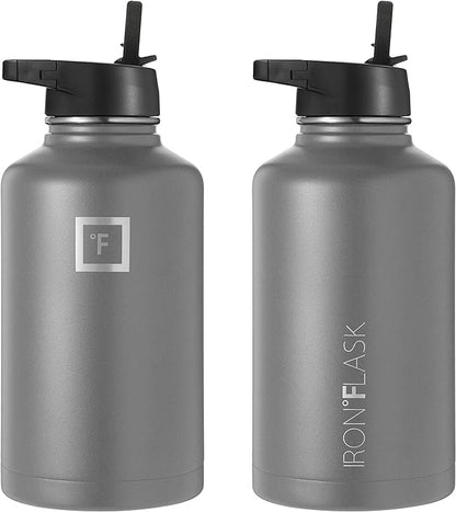 IRON °FLASK Camping & Hiking Hydration Flask, Wide Mouth, 3 Straw Lids, Stainless Steel Outdoor Water Bottle, Double Walled, Insulated Thermos, Metal Canteen - Graphite, 64 Oz