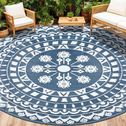 Capslpad 8Ft Round Outdoor Rug for Patios Clearance Reversible Mat Plastic Straw Patio Rugs Lightweight RV Camping Mat Circle Outside Area Rug Carpet for Balcony Deck Trailer Picnic,Blue