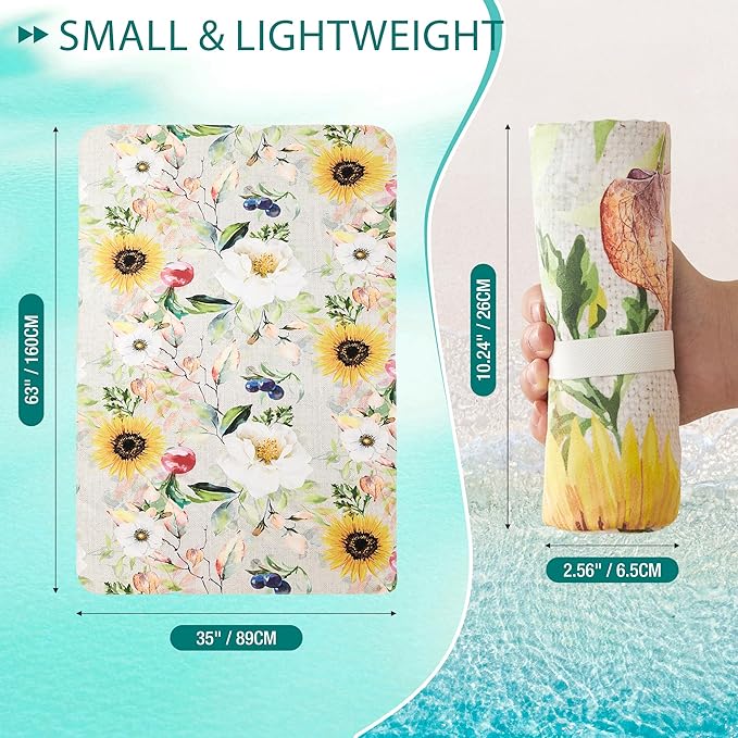 HYSEAS Lightweight Ultra-Thin Beach Towel, Oversized 63"X35" for Adult - Sand Free, Quick Dry, Ideal for Swimming, Beach, Yoga, Travel, Camping, Essential Beach Accessory & Vacation Gift, Sunflower