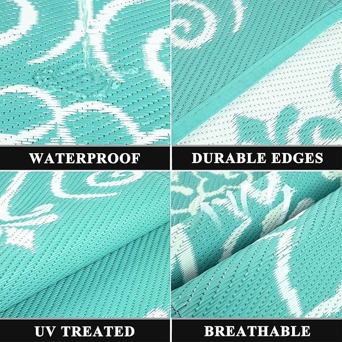 Pauwer Waterproof Outdoor Rug 8x10, Reversible Plastic Straw Patio Camping Rug, Indoor Outdoor RV Mat Carpet for Deck, Camper, Porch, Balcony, Backyard, Picnic, Floral Light Blue