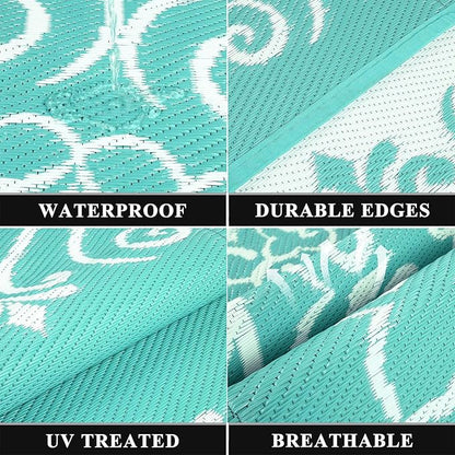 Pauwer Waterproof Outdoor Rug 8x10, Reversible Plastic Straw Patio Camping Rug, Indoor Outdoor RV Mat Carpet for Deck, Camper, Porch, Balcony, Backyard, Picnic, Floral Light Blue
