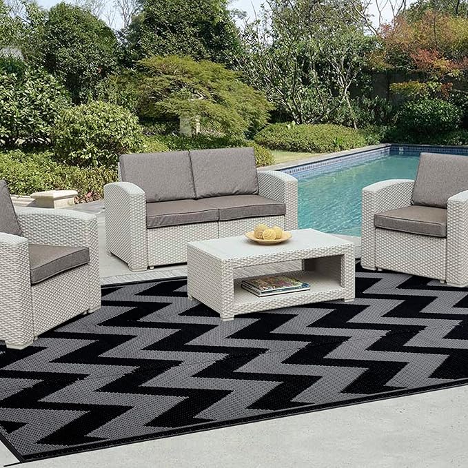 Easy-Going Reversible Outdoor Rugs 5x8ft Waterproof Plastic Straw Rug Stain & UV Resistant Floor Mat for Patio Porch RV Backyard Pool Deck Picnic Beach Trailer Camping (Waved Black & Grey)