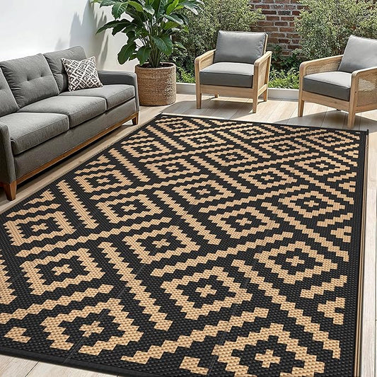 Outdoor Rug for Patio - Waterproof Plastic Straw Camping Rugs 5x8 ft, Reversible Outdoor Indoor RV Mat Carpet for Patio, Porch, Deck, Balcony, Picnic, Beach, Black Brown
