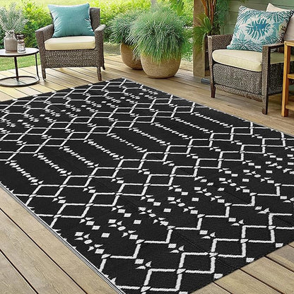 Smiry Outdoor Rug 5x8 ft, Waterproof Reversible Plastic Straw Rugs, Boho Outdoor Area Rug, Outside Floor Mat for Patio, Backyard, Deck, Picnic, Beach, Camping, Black